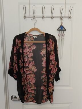 Maurices Black Floral Sheer Cardigan with Pink and Peach Blooms